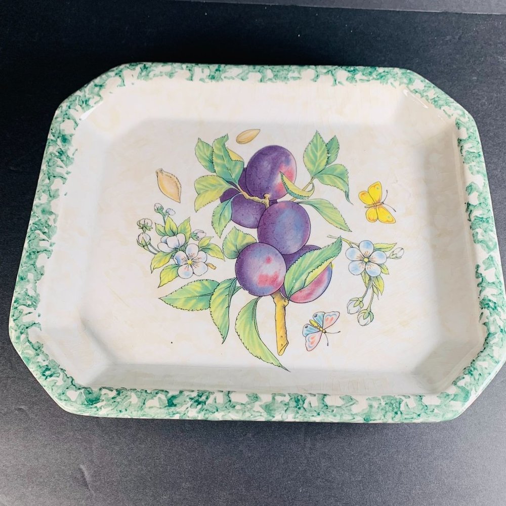 FORTUNOFF Ceramic Platter Plums Leaves Flowers Butterflies Square Italy